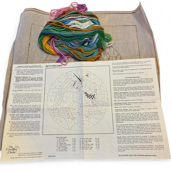VTG 80s Crewel Unicorn Long Stitch Kit Wool Yarn Partially Started - Picture 4 of 5